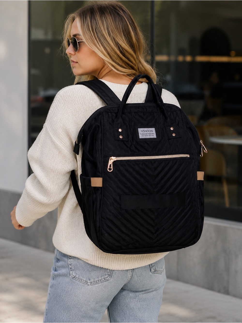 Vsnoon Quilted‎ Black Diaper Travel Backpack with USB Port & Laptop Sleeve